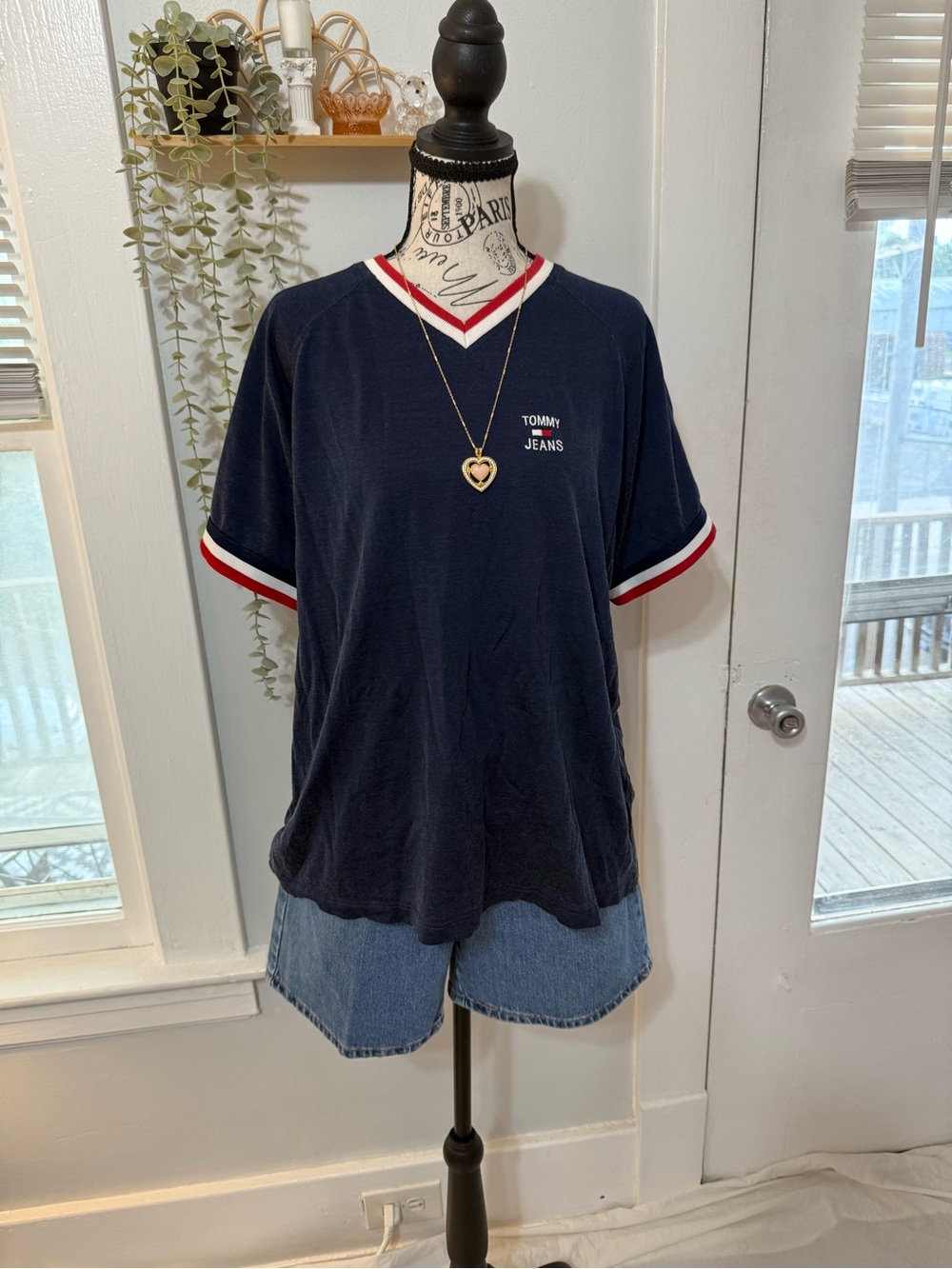Tommy Hilfiger vintage jersey top with white & red trim on collar and sleeves